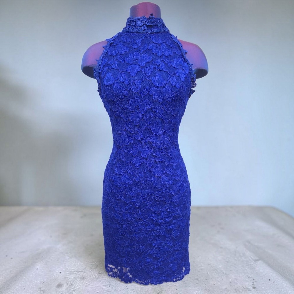 Y2K Night Way Royal Blue Lace High Neck Open Back Cocktail Mini Dress Womens